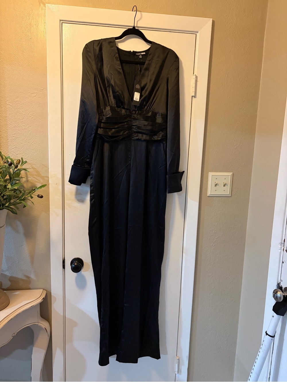 Fashion Nova Black Long Satin Jumpsuit